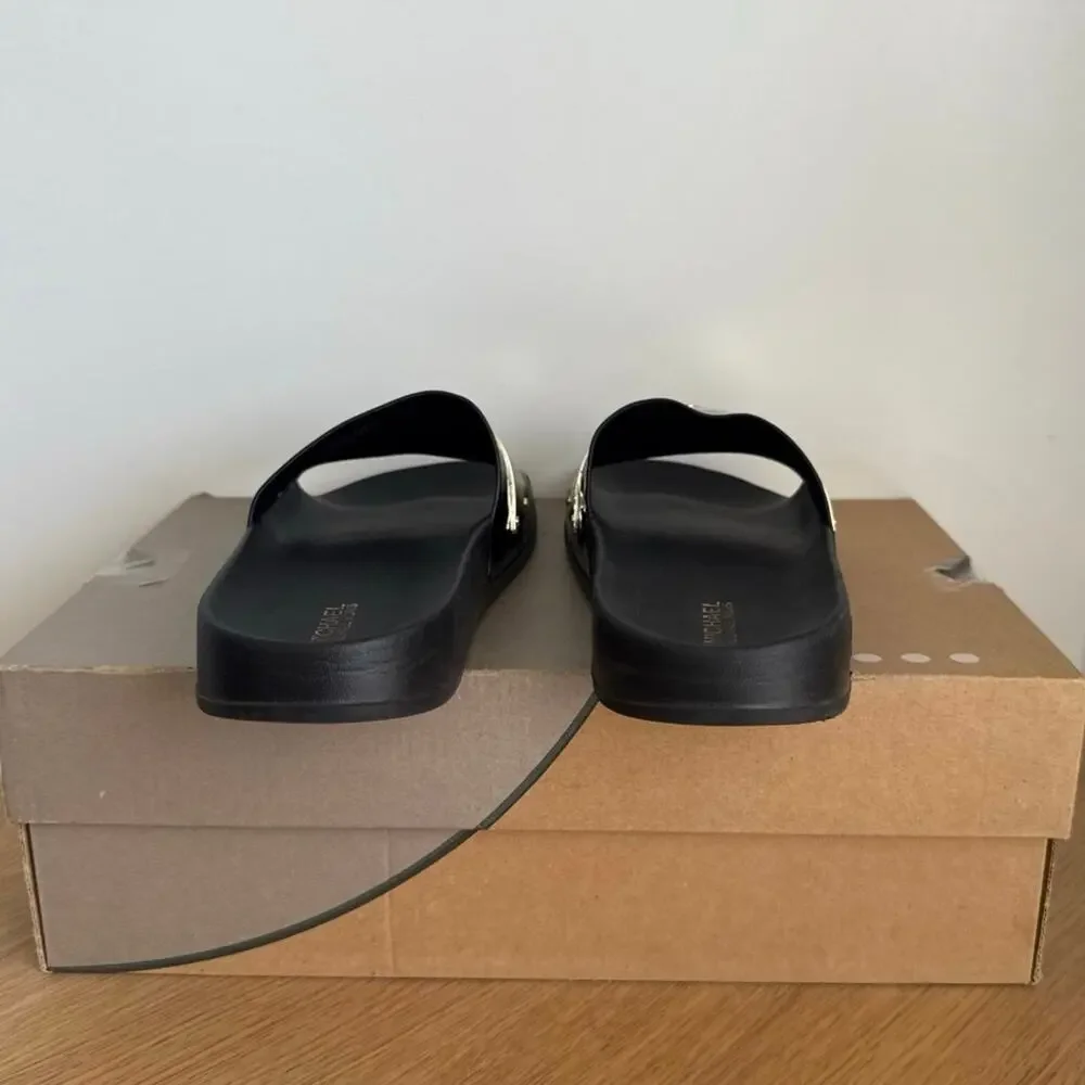 Michael Kors Jett Black/Gold Women Slide Sandals- SZ 8
